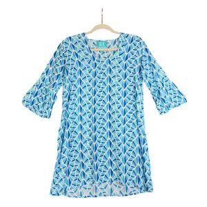 Escapada Womens Tunic Top‎ Size Small Blue White Mosaic Print Ruffle Bell Sleeve